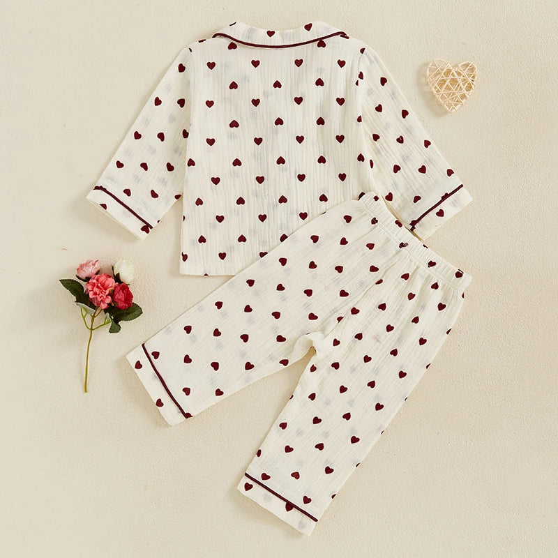 Girls Heart Print Long Sleeves Shirt and Elastic Pants for Loungewear Sleepwear