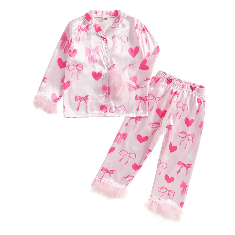 Girls Pajama Set Heart Bow Print Lapel Button-up Tops Elastic Waist Pants