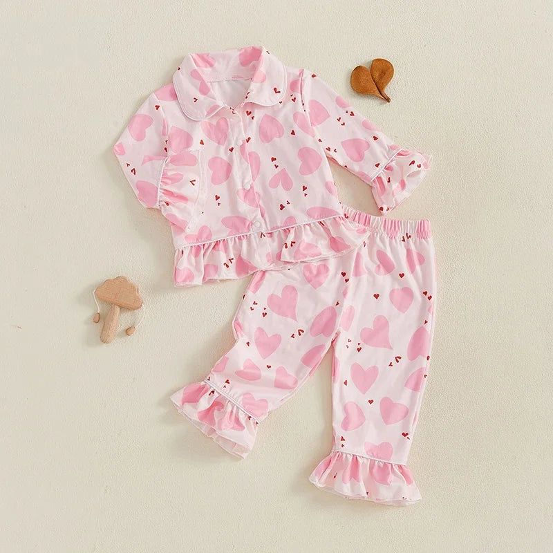 Girls Pajamas Set Heart Print Long Sleeves Shirt and Elastic Waist Pants