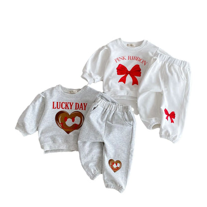 New Children Long Sleeve Clothes Set Boys Girls Bow Heart Print Sweatshirt + Pants