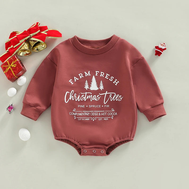 Newborn Baby Girl Boy Retro Christmas Tree Crewneck Sweatshirt Romper