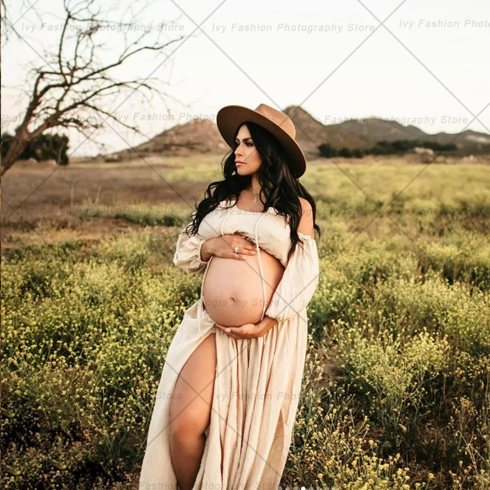 Maternity Photography Dress Comfortable and Simple Off Shoulder Frenulum Linen Dress