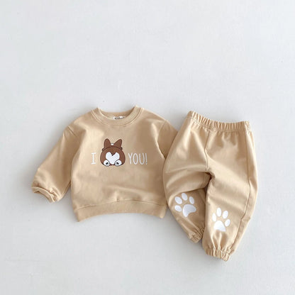 Children Casual Sweatshirt+Pants 2pcs Suit Autumn Baby Cartoon Print Letter Clothes