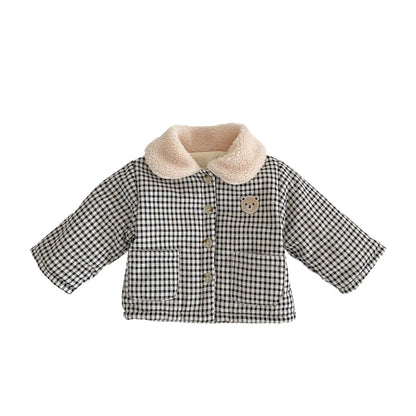 New Baby Girls Cute Bear Warm Coat infant Boys Lapel Plaid Padded Jacket