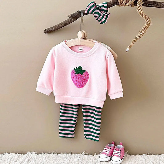 Girls Strawberry Embroidery Pullover Shirt +Leggings Pure Cotton Elastic Waist