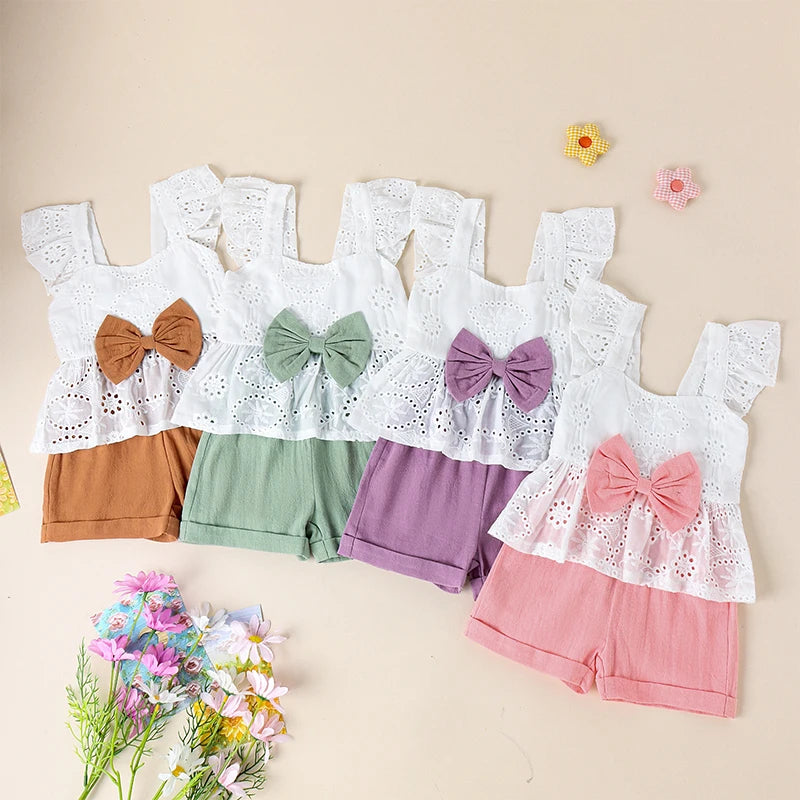 Ruffles Flutter Sleeve Hollow Eyelet Embroidery Camisole Tops Elastic Waist Shorts