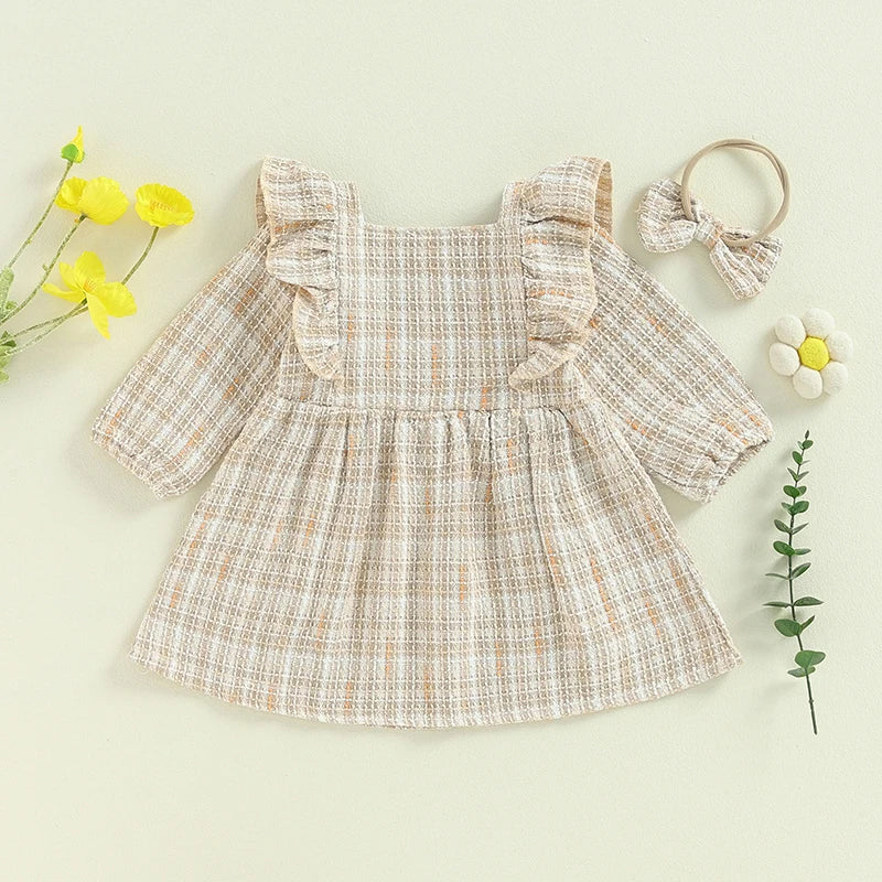 Girls Fall Dress Buttons Long Sleeve Casual Dress Elegant Princess Dress with Headband