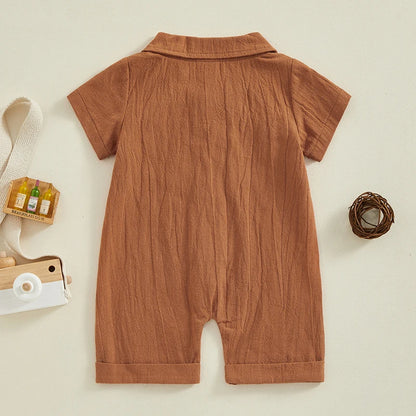 Boys Cotton Linen Jumpsuit Solid Color Lapel Short Sleeve Front Button Romper