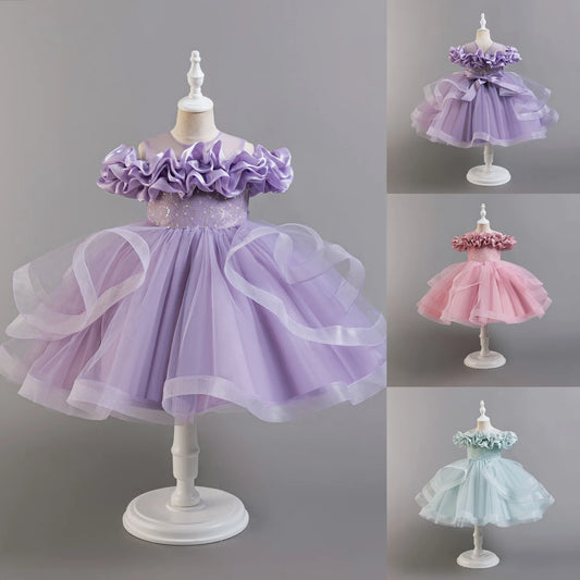 New Elegant Girl Party Dress Long Tutu Wedding Bridesmaid Dresses for Graduation Kids