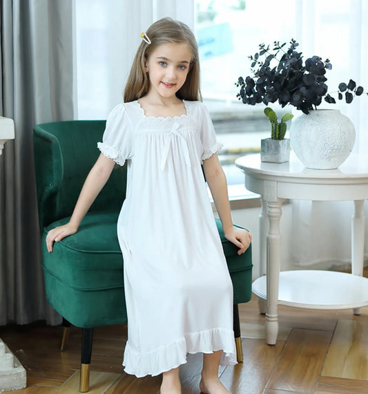 Girls Nightgown Sleepwear Dress White Short Sleeve Nightdress