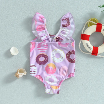 Baby Girls Swimsuit Cute Donut Print Fly Sleeve Romper Swimwear Bathing Suit