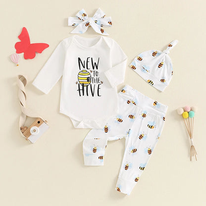 Boy Girl, Letter Print Romper Bee Print Pants Hat Headband 4 Piece Baby Set