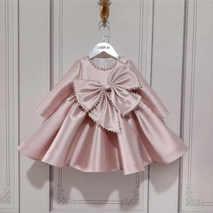 Girl Princess Silk Pearl Dress Long Sleeve Infant Vintage Bow