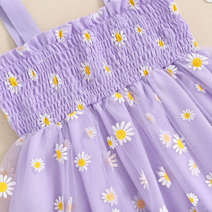 Girls Tulle Dress Daisy Floral Sleeveless Sling Dress