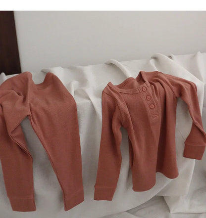 RetroCozy Ribbed Pajama Set – Kids 2pcs Cotton Sleepwear