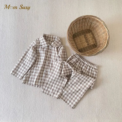 Baby Girl Boy Cotton Plaid Pajamas Clothes Set Shirt+Pant 2PCS