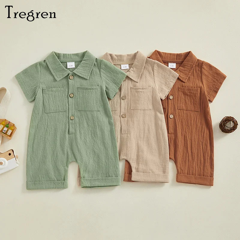 Boys Cotton Linen Jumpsuit Solid Color Lapel Short Sleeve Front Button Romper