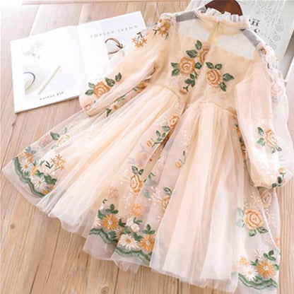 Little Children Party Kids Casual Dress Pink Floral Embroidery Dresses