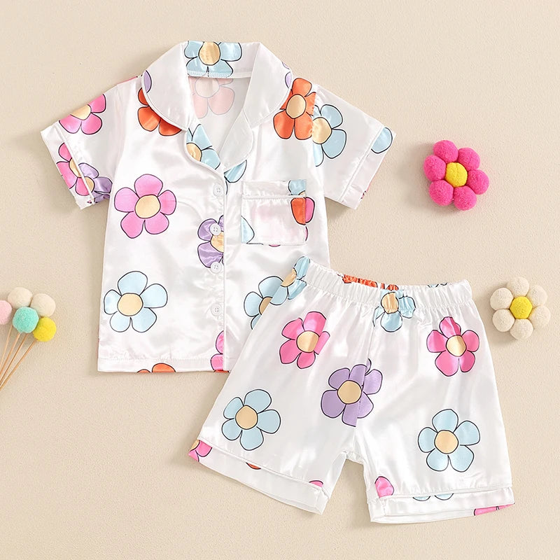 Little Girls Floral Print Pajama Set Single Breasted Tops Elastic Waistband Shorts Outfits