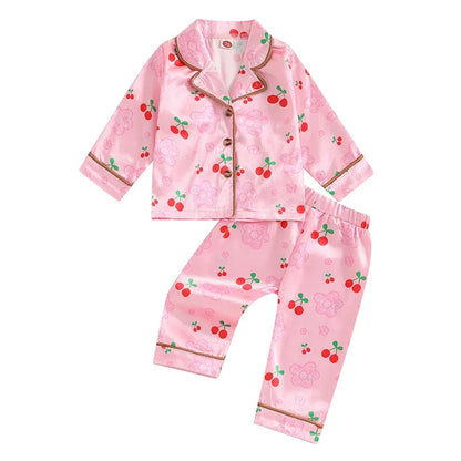 Strawberry/Cherry Print Long Sleeve Button Shirts with Elastic Waist Pants Sleepwear