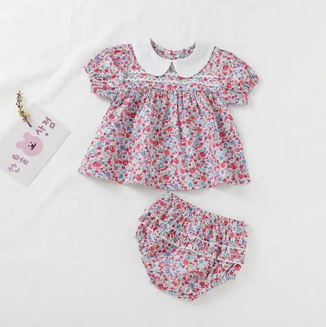 Baby Girls Short Sleeve Pure Color T-shirt +Printing Shorts Suit Sweet