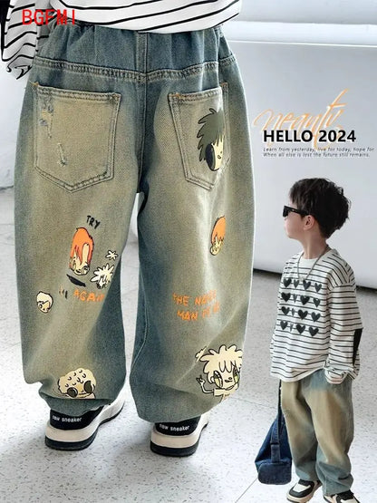 Boys Hole Letter Straight Leg Pants Teenager Jeans