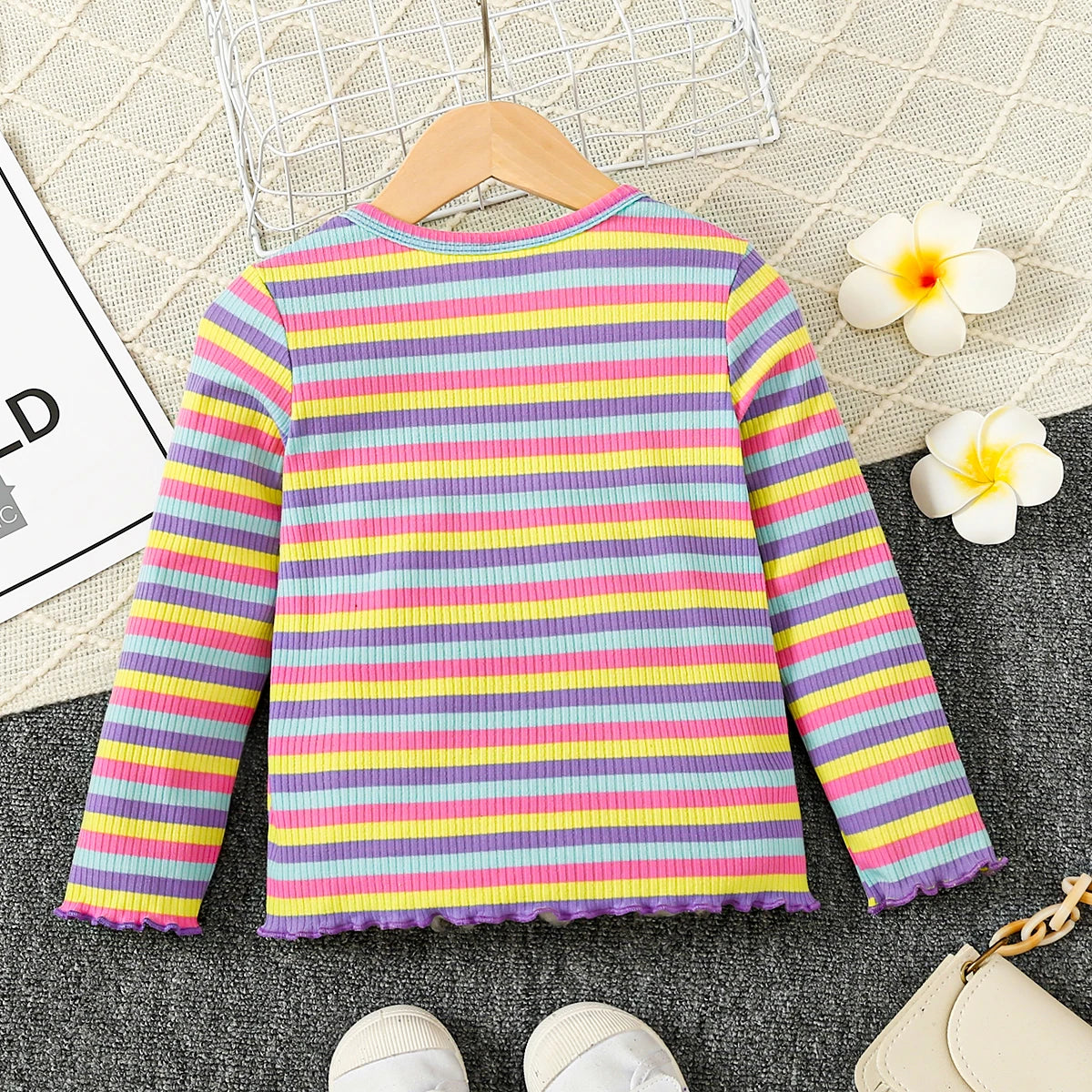 Girls Sweater Round Neck Long Sleeved Knitted Sticker Colorful Stripe Pattern Top