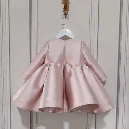 Girl Princess Silk Pearl Dress Long Sleeve Infant Vintage Bow