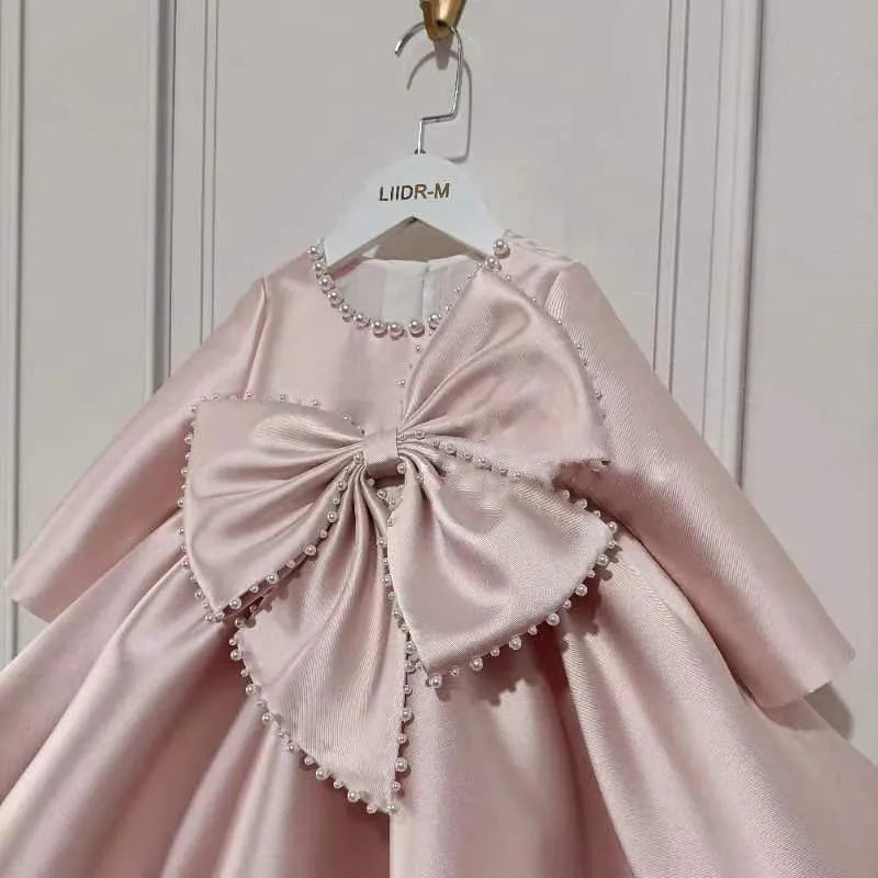 Girl Princess Silk Pearl Dress Long Sleeve Infant Vintage Bow