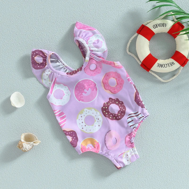 Baby Girls Swimsuit Cute Donut Print Fly Sleeve Romper Swimwear Bathing Suit