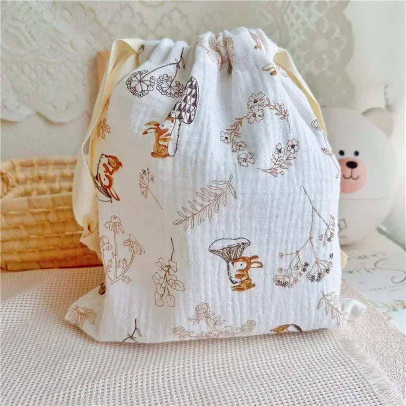 Printed Flower Mommy Bag Baby Diaper Bag Cotton Nappy String Pocket Storage Bag