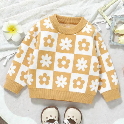 Boy Girl Knitted Flower Long Sleeve Sweater Baby Plaid Pullover Shirt Kids Warm Tops