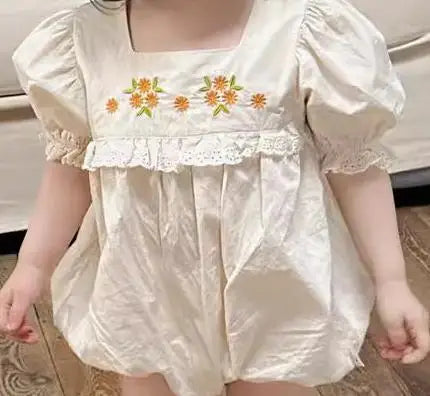 Baby Embroidery Flower Puff Sleeves Onesie Newborn Girls Ruffle Cotton Bodysuit