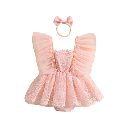 Baby Girl 2Pcs Summer Outfits Ruffle Sleeveless Lace Romper Dress with Headband