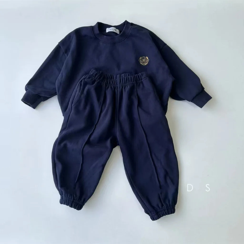 New Baby Casual Sweatshirt Set Boys Long Sleeve Badge Embroidery Pullover+Pants