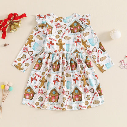 Girls Christmas Element Print Ruffle A-Line Dress for Toddler