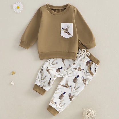 Boy Girl Fall Winter Outfits, Wild Goose Print Pullover Sweatshirt Elastic Waist Pants