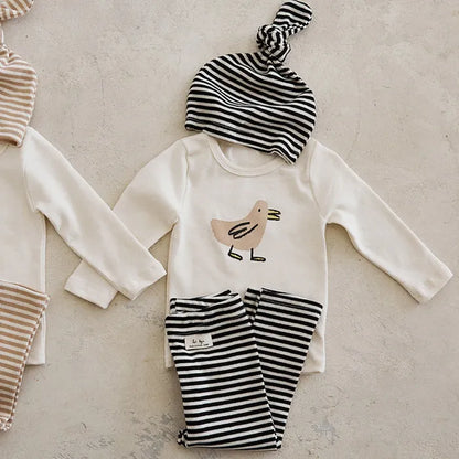 Baby Long Sleeve Home Clothes Set Infant Cartoon Tops + Pants + Hat 3pcs Suit