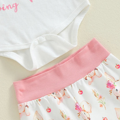 Baby Girls Letter Print Romper Pig Print Long Pants Headband Hat 4Pcs Clothes Set