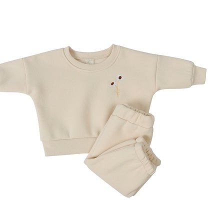 Baby Boy Girl Embroidery Flower Thick Fleece Sweatshirt + Pants 2Pcs Warm Tracksuit