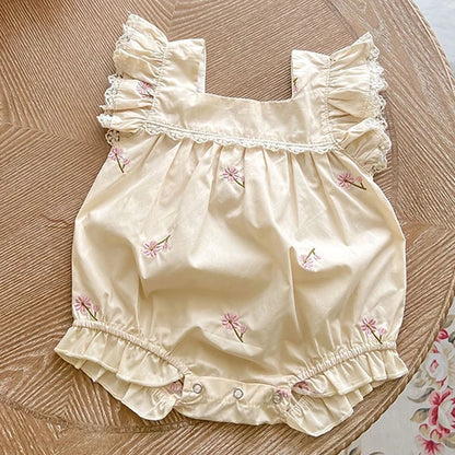 Baby Girls Jumpsuit Flying Sleeve Cotton Flower Embroidery Toddler Baby Girl Bodysuits