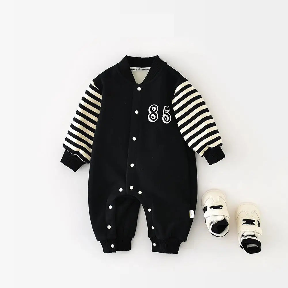 Boy Girl Newborn Letter Print Jumpsuit Plus Velvet Thick Infant Toddler Warm Clothes