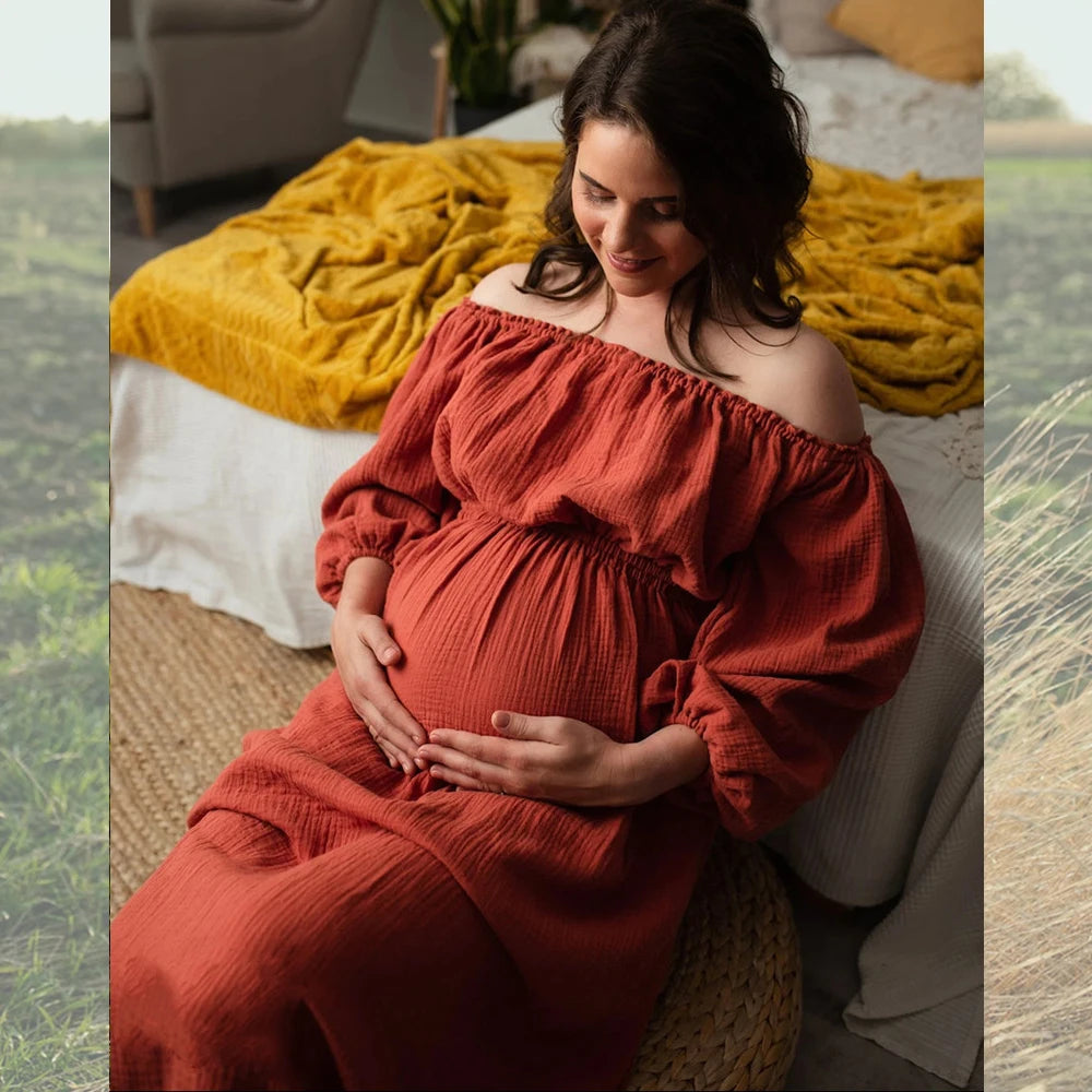 Maternity Photo Shoot Dress Comfort Linen Cotton One Shoulder Dress For Pregnant Women