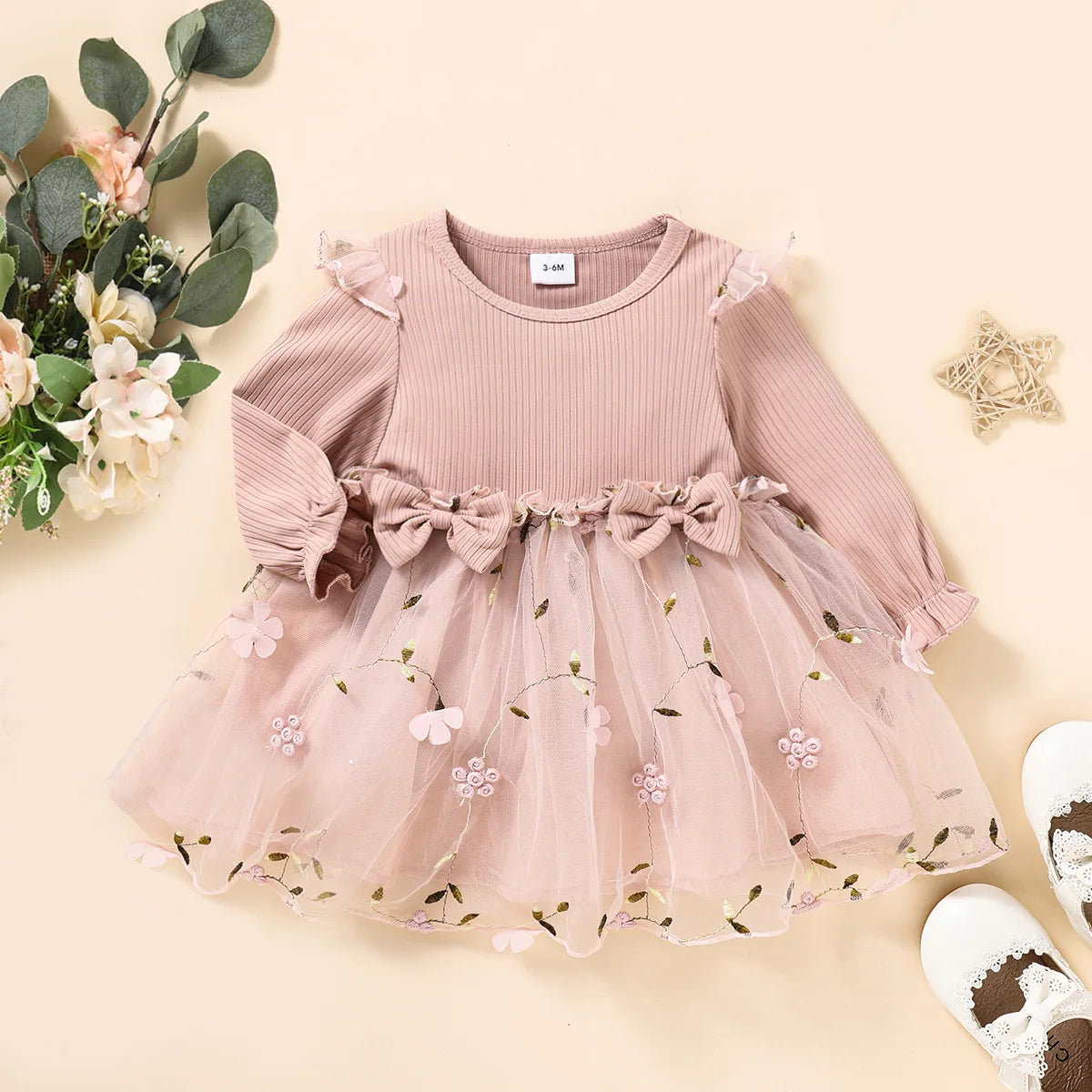 Baby Girl Baby Pink Thin Long Sleeved Princess Flower Mesh Dress