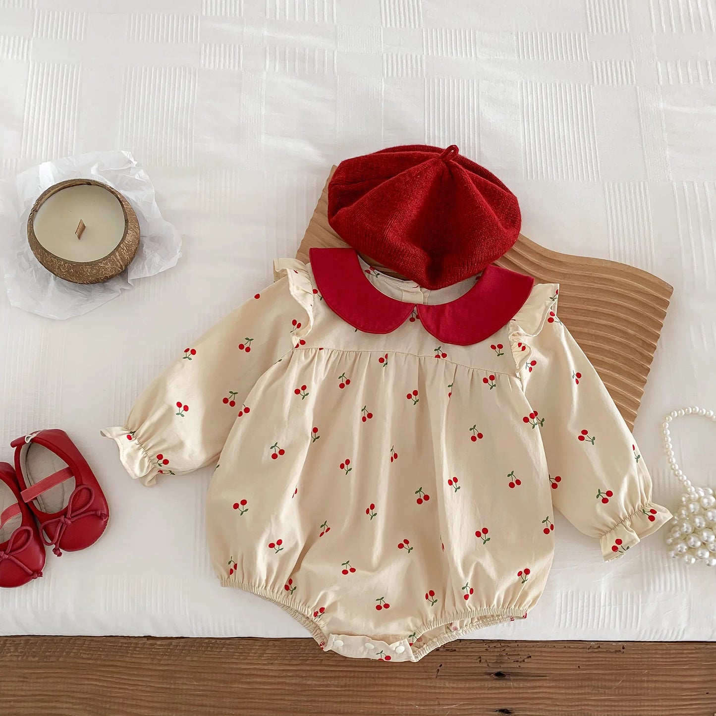 Baby Clothes Sweet Cherry Printed Girls Bodysuit Newborn Peter Pan Collar