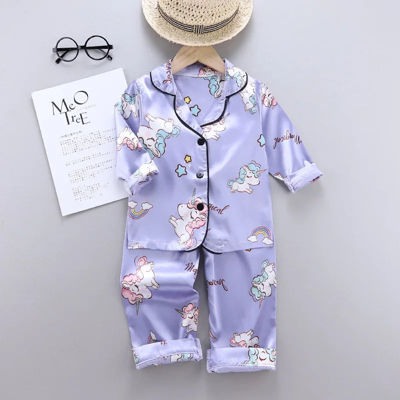 Children Silk Satin Pajamas Set Baby Boys Girls Cartoon Dinosaur Tops Trousers