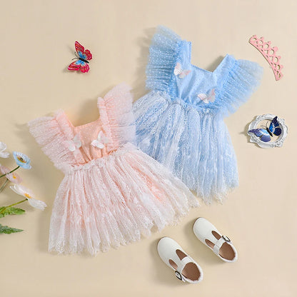 Baby Girls Dress 3D Butterfly Embellished Swiss Dot Lace Fly Sleeve Casual Dress