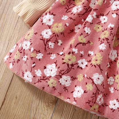 Baby Ribbed Ruffle Long-sleeve  Floral Print Corduroy Dress