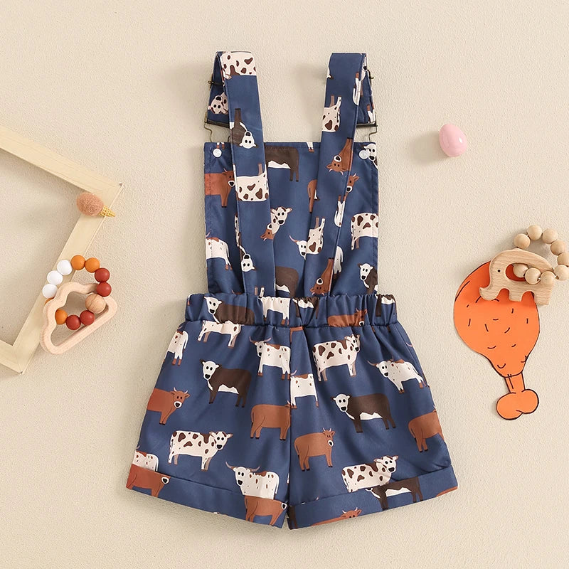 Girls Farm Cow/Chicken Print Sleeveless Strap Buttons Pockets Romper Jumpsuit