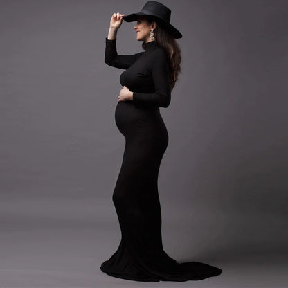 Maternity Photography Gown Sexy Fashionable Black Stretch Cotton Floor Length Dress